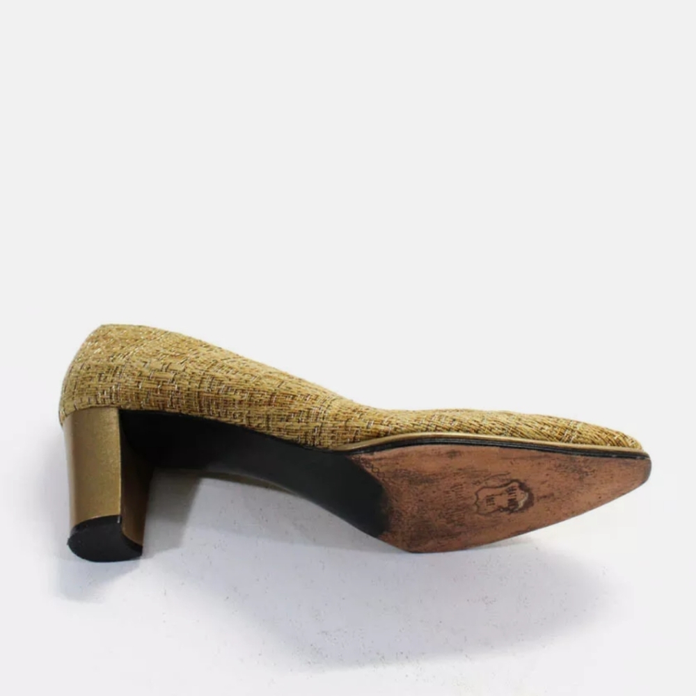 Size 7 Stuart Weitzman thick Block heel Gold dark Beige Formal Pumps heels - Picture 5 of 6